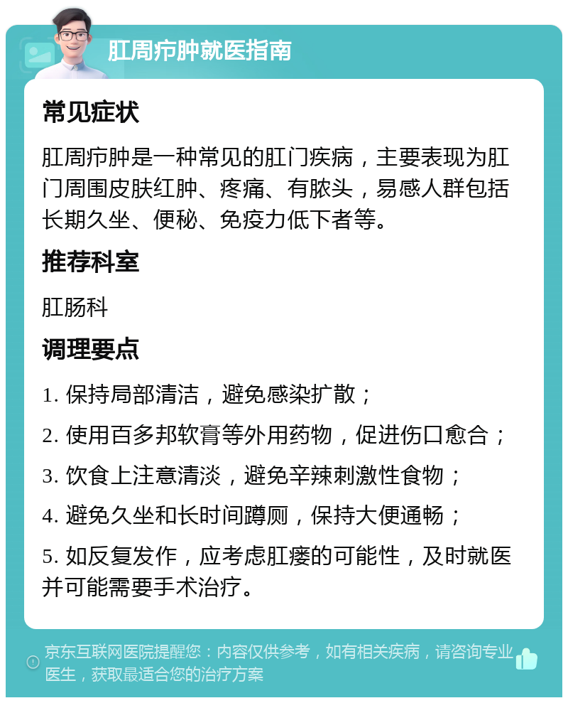 肛周疖肿就医指南 常见症状 肛周疖肿是一种常见的肛门疾病，主要表现为肛门周围皮肤红肿、疼痛、有脓头，易感人群包括长期久坐、便秘、免疫力低下者等。 推荐科室 肛肠科 调理要点 1. 保持局部清洁，避免感染扩散； 2. 使用百多邦软膏等外用药物，促进伤口愈合； 3. 饮食上注意清淡，避免辛辣刺激性食物； 4. 避免久坐和长时间蹲厕，保持大便通畅； 5. 如反复发作，应考虑肛瘘的可能性，及时就医并可能需要手术治疗。