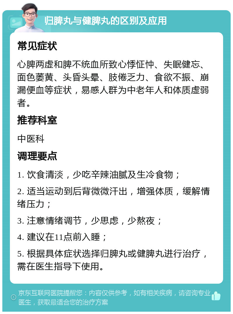 归脾丸与健脾丸的区别及应用 常见症状 心脾两虚和脾不统血所致心悸怔忡、失眠健忘、面色萎黄、头昏头晕、肢倦乏力、食欲不振、崩漏便血等症状，易感人群为中老年人和体质虚弱者。 推荐科室 中医科 调理要点 1. 饮食清淡，少吃辛辣油腻及生冷食物； 2. 适当运动到后背微微汗出，增强体质，缓解情绪压力； 3. 注意情绪调节，少思虑，少熬夜； 4. 建议在11点前入睡； 5. 根据具体症状选择归脾丸或健脾丸进行治疗，需在医生指导下使用。