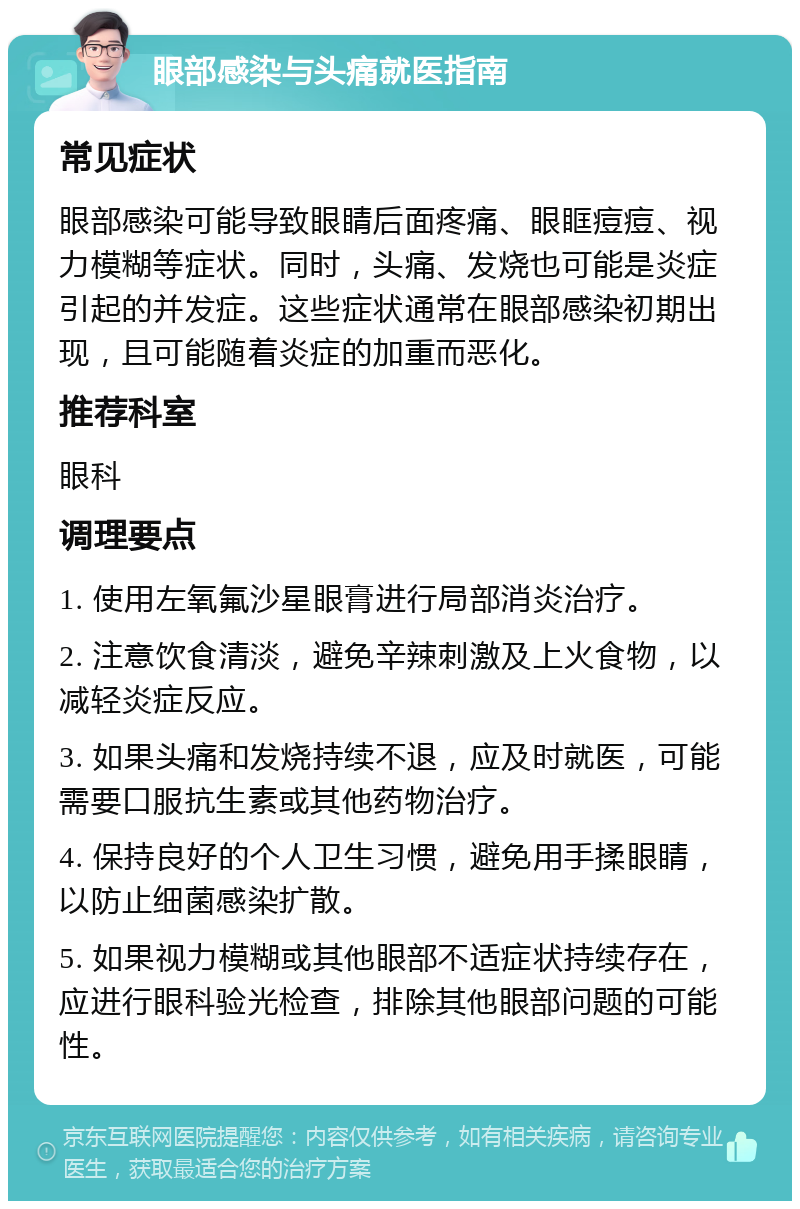 眼部感染与头痛就医指南 常见症状 眼部感染可能导致眼睛后面疼痛、眼眶痘痘、视力模糊等症状。同时，头痛、发烧也可能是炎症引起的并发症。这些症状通常在眼部感染初期出现，且可能随着炎症的加重而恶化。 推荐科室 眼科 调理要点 1. 使用左氧氟沙星眼膏进行局部消炎治疗。 2. 注意饮食清淡，避免辛辣刺激及上火食物，以减轻炎症反应。 3. 如果头痛和发烧持续不退，应及时就医，可能需要口服抗生素或其他药物治疗。 4. 保持良好的个人卫生习惯，避免用手揉眼睛，以防止细菌感染扩散。 5. 如果视力模糊或其他眼部不适症状持续存在，应进行眼科验光检查，排除其他眼部问题的可能性。