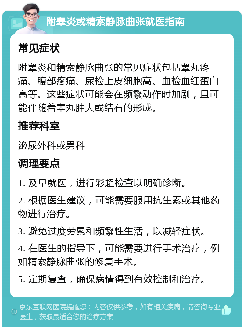 附睾炎或精索静脉曲张就医指南 常见症状 附睾炎和精索静脉曲张的常见症状包括睾丸疼痛、腹部疼痛、尿检上皮细胞高、血检血红蛋白高等。这些症状可能会在频繁动作时加剧，且可能伴随着睾丸肿大或结石的形成。 推荐科室 泌尿外科或男科 调理要点 1. 及早就医，进行彩超检查以明确诊断。 2. 根据医生建议，可能需要服用抗生素或其他药物进行治疗。 3. 避免过度劳累和频繁性生活，以减轻症状。 4. 在医生的指导下，可能需要进行手术治疗，例如精索静脉曲张的修复手术。 5. 定期复查，确保病情得到有效控制和治疗。