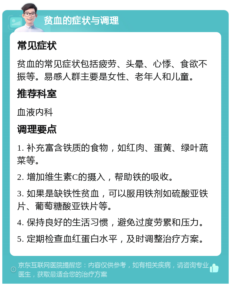 贫血的症状与调理 常见症状 贫血的常见症状包括疲劳、头晕、心悸、食欲不振等。易感人群主要是女性、老年人和儿童。 推荐科室 血液内科 调理要点 1. 补充富含铁质的食物，如红肉、蛋黄、绿叶蔬菜等。 2. 增加维生素C的摄入，帮助铁的吸收。 3. 如果是缺铁性贫血，可以服用铁剂如硫酸亚铁片、葡萄糖酸亚铁片等。 4. 保持良好的生活习惯，避免过度劳累和压力。 5. 定期检查血红蛋白水平，及时调整治疗方案。