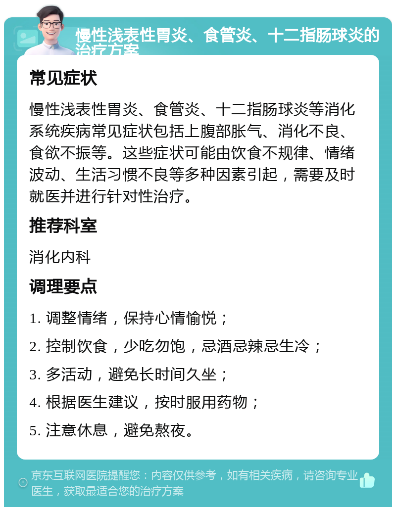 慢性浅表性胃炎、食管炎、十二指肠球炎的治疗方案 常见症状 慢性浅表性胃炎、食管炎、十二指肠球炎等消化系统疾病常见症状包括上腹部胀气、消化不良、食欲不振等。这些症状可能由饮食不规律、情绪波动、生活习惯不良等多种因素引起，需要及时就医并进行针对性治疗。 推荐科室 消化内科 调理要点 1. 调整情绪，保持心情愉悦； 2. 控制饮食，少吃勿饱，忌酒忌辣忌生冷； 3. 多活动，避免长时间久坐； 4. 根据医生建议，按时服用药物； 5. 注意休息，避免熬夜。