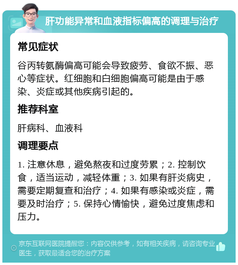 肝功能异常和血液指标偏高的调理与治疗 常见症状 谷丙转氨酶偏高可能会导致疲劳、食欲不振、恶心等症状。红细胞和白细胞偏高可能是由于感染、炎症或其他疾病引起的。 推荐科室 肝病科、血液科 调理要点 1. 注意休息，避免熬夜和过度劳累；2. 控制饮食，适当运动，减轻体重；3. 如果有肝炎病史，需要定期复查和治疗；4. 如果有感染或炎症，需要及时治疗；5. 保持心情愉快，避免过度焦虑和压力。