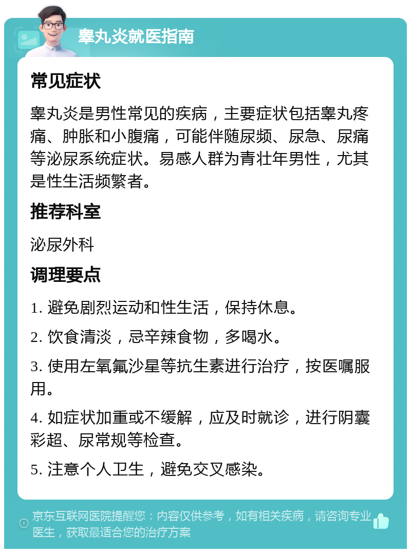 睾丸炎就医指南 常见症状 睾丸炎是男性常见的疾病，主要症状包括睾丸疼痛、肿胀和小腹痛，可能伴随尿频、尿急、尿痛等泌尿系统症状。易感人群为青壮年男性，尤其是性生活频繁者。 推荐科室 泌尿外科 调理要点 1. 避免剧烈运动和性生活，保持休息。 2. 饮食清淡，忌辛辣食物，多喝水。 3. 使用左氧氟沙星等抗生素进行治疗，按医嘱服用。 4. 如症状加重或不缓解，应及时就诊，进行阴囊彩超、尿常规等检查。 5. 注意个人卫生，避免交叉感染。