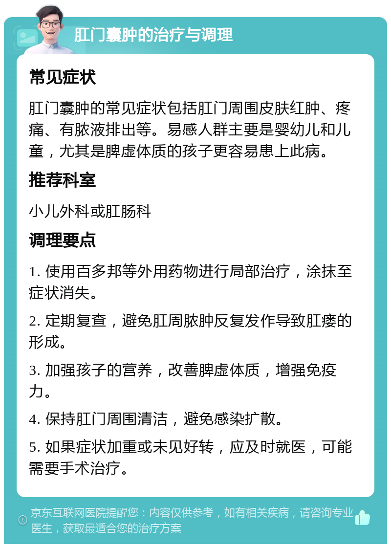 肛门囊肿的治疗与调理 常见症状 肛门囊肿的常见症状包括肛门周围皮肤红肿、疼痛、有脓液排出等。易感人群主要是婴幼儿和儿童，尤其是脾虚体质的孩子更容易患上此病。 推荐科室 小儿外科或肛肠科 调理要点 1. 使用百多邦等外用药物进行局部治疗，涂抹至症状消失。 2. 定期复查，避免肛周脓肿反复发作导致肛瘘的形成。 3. 加强孩子的营养，改善脾虚体质，增强免疫力。 4. 保持肛门周围清洁，避免感染扩散。 5. 如果症状加重或未见好转，应及时就医，可能需要手术治疗。