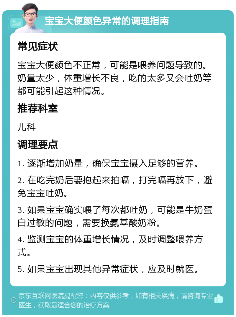 宝宝大便颜色异常的调理指南 常见症状 宝宝大便颜色不正常，可能是喂养问题导致的。奶量太少，体重增长不良，吃的太多又会吐奶等都可能引起这种情况。 推荐科室 儿科 调理要点 1. 逐渐增加奶量，确保宝宝摄入足够的营养。 2. 在吃完奶后要抱起来拍嗝，打完嗝再放下，避免宝宝吐奶。 3. 如果宝宝确实喂了每次都吐奶，可能是牛奶蛋白过敏的问题，需要换氨基酸奶粉。 4. 监测宝宝的体重增长情况，及时调整喂养方式。 5. 如果宝宝出现其他异常症状，应及时就医。