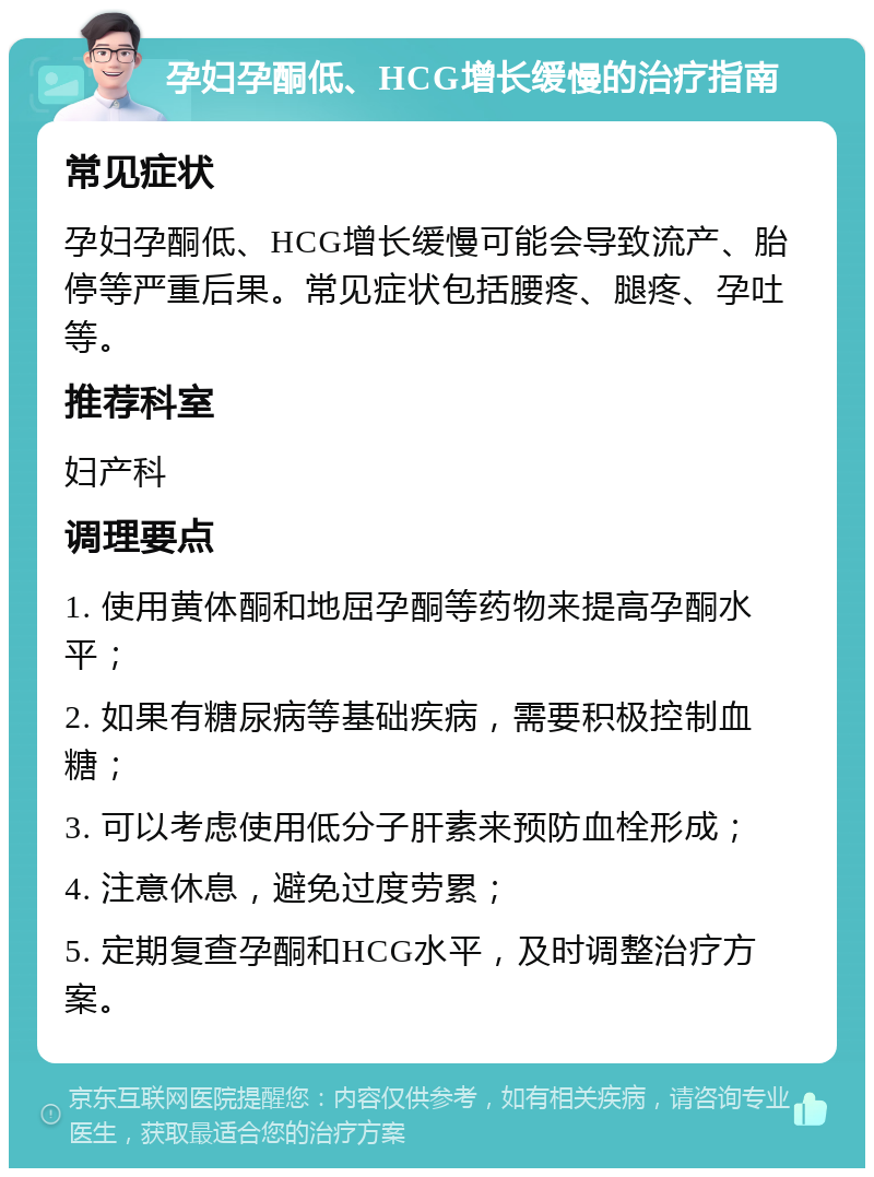 孕妇孕酮低、HCG增长缓慢的治疗指南 常见症状 孕妇孕酮低、HCG增长缓慢可能会导致流产、胎停等严重后果。常见症状包括腰疼、腿疼、孕吐等。 推荐科室 妇产科 调理要点 1. 使用黄体酮和地屈孕酮等药物来提高孕酮水平； 2. 如果有糖尿病等基础疾病，需要积极控制血糖； 3. 可以考虑使用低分子肝素来预防血栓形成； 4. 注意休息，避免过度劳累； 5. 定期复查孕酮和HCG水平，及时调整治疗方案。