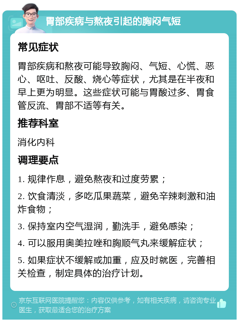 胃部疾病与熬夜引起的胸闷气短 常见症状 胃部疾病和熬夜可能导致胸闷、气短、心慌、恶心、呕吐、反酸、烧心等症状，尤其是在半夜和早上更为明显。这些症状可能与胃酸过多、胃食管反流、胃部不适等有关。 推荐科室 消化内科 调理要点 1. 规律作息，避免熬夜和过度劳累； 2. 饮食清淡，多吃瓜果蔬菜，避免辛辣刺激和油炸食物； 3. 保持室内空气湿润，勤洗手，避免感染； 4. 可以服用奥美拉唑和胸顺气丸来缓解症状； 5. 如果症状不缓解或加重，应及时就医，完善相关检查，制定具体的治疗计划。