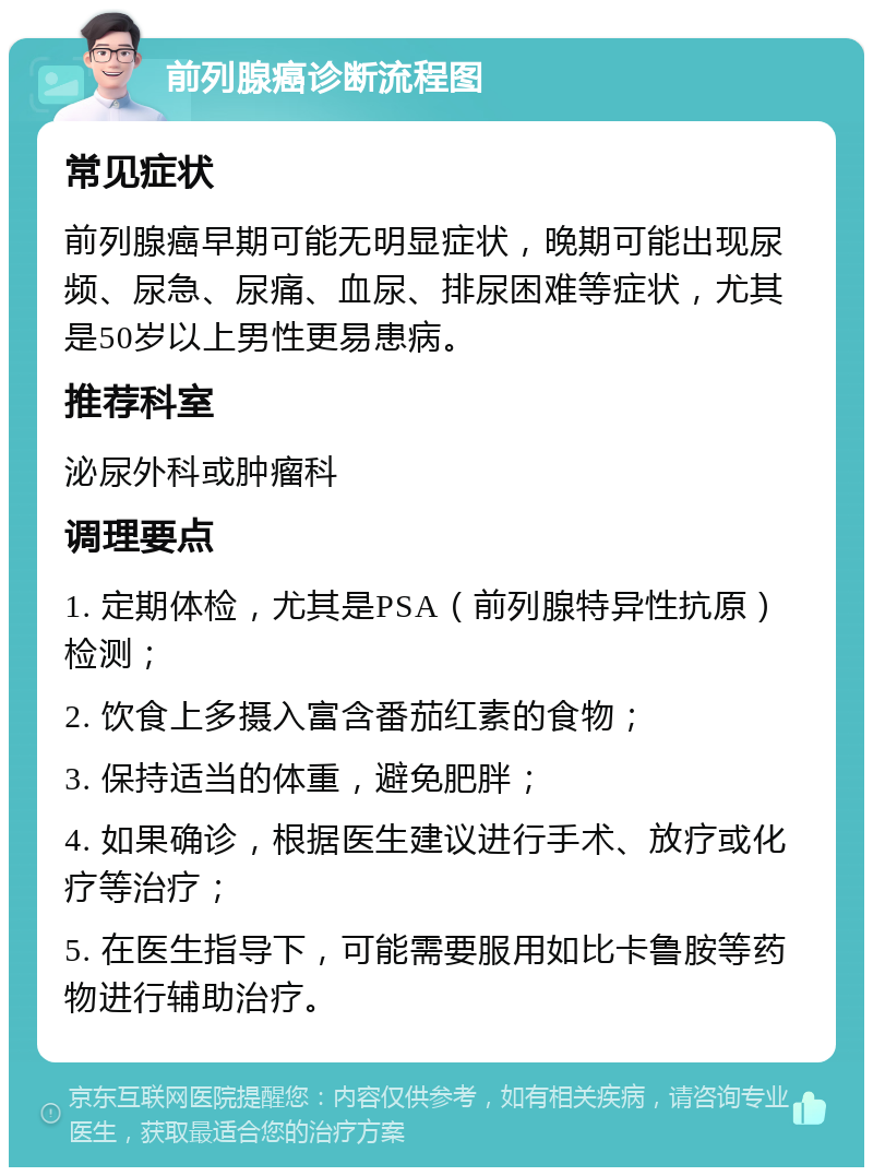 前列腺癌诊断流程图 常见症状 前列腺癌早期可能无明显症状，晚期可能出现尿频、尿急、尿痛、血尿、排尿困难等症状，尤其是50岁以上男性更易患病。 推荐科室 泌尿外科或肿瘤科 调理要点 1. 定期体检，尤其是PSA（前列腺特异性抗原）检测； 2. 饮食上多摄入富含番茄红素的食物； 3. 保持适当的体重，避免肥胖； 4. 如果确诊，根据医生建议进行手术、放疗或化疗等治疗； 5. 在医生指导下，可能需要服用如比卡鲁胺等药物进行辅助治疗。