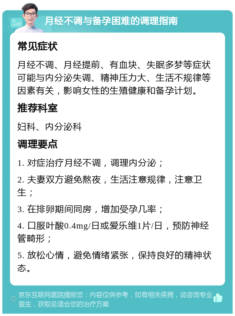 月经不调与备孕困难的调理指南 常见症状 月经不调、月经提前、有血块、失眠多梦等症状可能与内分泌失调、精神压力大、生活不规律等因素有关，影响女性的生殖健康和备孕计划。 推荐科室 妇科、内分泌科 调理要点 1. 对症治疗月经不调，调理内分泌； 2. 夫妻双方避免熬夜，生活注意规律，注意卫生； 3. 在排卵期间同房，增加受孕几率； 4. 口服叶酸0.4mg/日或爱乐维1片/日，预防神经管畸形； 5. 放松心情，避免情绪紧张，保持良好的精神状态。