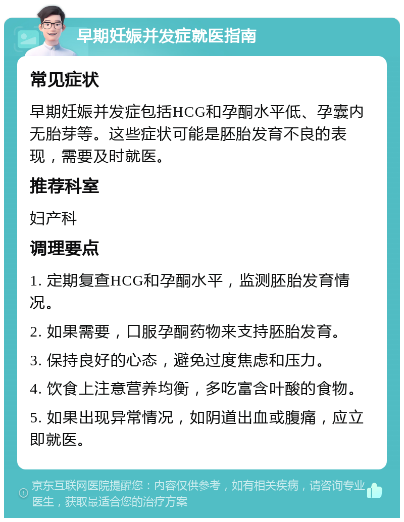 早期妊娠并发症就医指南 常见症状 早期妊娠并发症包括HCG和孕酮水平低、孕囊内无胎芽等。这些症状可能是胚胎发育不良的表现，需要及时就医。 推荐科室 妇产科 调理要点 1. 定期复查HCG和孕酮水平，监测胚胎发育情况。 2. 如果需要，口服孕酮药物来支持胚胎发育。 3. 保持良好的心态，避免过度焦虑和压力。 4. 饮食上注意营养均衡，多吃富含叶酸的食物。 5. 如果出现异常情况，如阴道出血或腹痛，应立即就医。