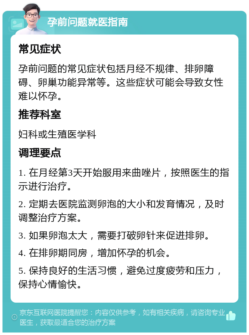 孕前问题就医指南 常见症状 孕前问题的常见症状包括月经不规律、排卵障碍、卵巢功能异常等。这些症状可能会导致女性难以怀孕。 推荐科室 妇科或生殖医学科 调理要点 1. 在月经第3天开始服用来曲唑片，按照医生的指示进行治疗。 2. 定期去医院监测卵泡的大小和发育情况，及时调整治疗方案。 3. 如果卵泡太大，需要打破卵针来促进排卵。 4. 在排卵期同房，增加怀孕的机会。 5. 保持良好的生活习惯，避免过度疲劳和压力，保持心情愉快。