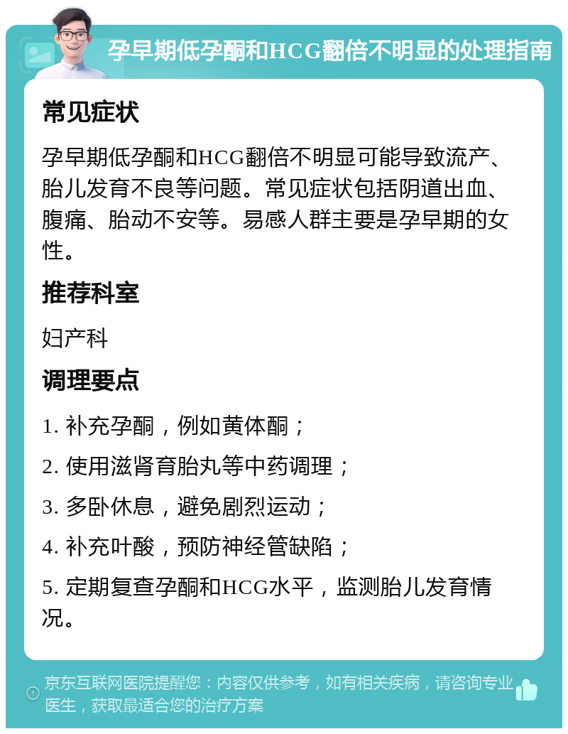 孕早期低孕酮和HCG翻倍不明显的处理指南 常见症状 孕早期低孕酮和HCG翻倍不明显可能导致流产、胎儿发育不良等问题。常见症状包括阴道出血、腹痛、胎动不安等。易感人群主要是孕早期的女性。 推荐科室 妇产科 调理要点 1. 补充孕酮，例如黄体酮； 2. 使用滋肾育胎丸等中药调理； 3. 多卧休息，避免剧烈运动； 4. 补充叶酸，预防神经管缺陷； 5. 定期复查孕酮和HCG水平，监测胎儿发育情况。