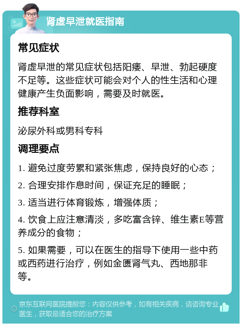 肾虚早泄就医指南 常见症状 肾虚早泄的常见症状包括阳痿、早泄、勃起硬度不足等。这些症状可能会对个人的性生活和心理健康产生负面影响，需要及时就医。 推荐科室 泌尿外科或男科专科 调理要点 1. 避免过度劳累和紧张焦虑，保持良好的心态； 2. 合理安排作息时间，保证充足的睡眠； 3. 适当进行体育锻炼，增强体质； 4. 饮食上应注意清淡，多吃富含锌、维生素E等营养成分的食物； 5. 如果需要，可以在医生的指导下使用一些中药或西药进行治疗，例如金匮肾气丸、西地那非等。