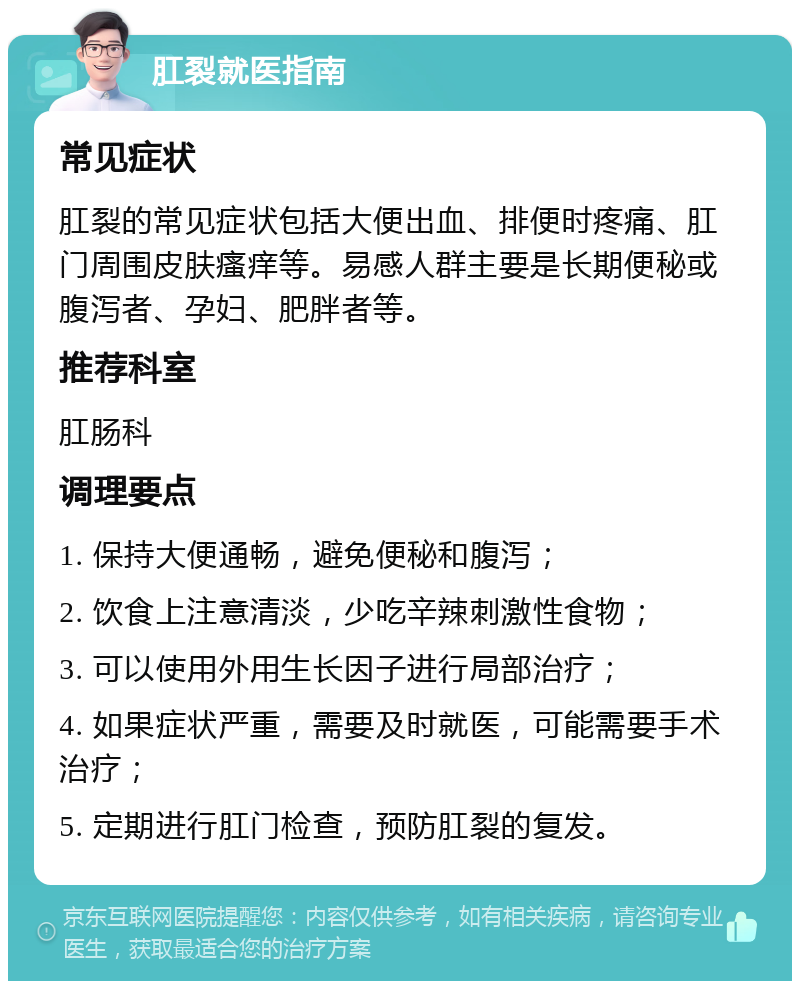 肛裂就医指南 常见症状 肛裂的常见症状包括大便出血、排便时疼痛、肛门周围皮肤瘙痒等。易感人群主要是长期便秘或腹泻者、孕妇、肥胖者等。 推荐科室 肛肠科 调理要点 1. 保持大便通畅，避免便秘和腹泻； 2. 饮食上注意清淡，少吃辛辣刺激性食物； 3. 可以使用外用生长因子进行局部治疗； 4. 如果症状严重，需要及时就医，可能需要手术治疗； 5. 定期进行肛门检查，预防肛裂的复发。