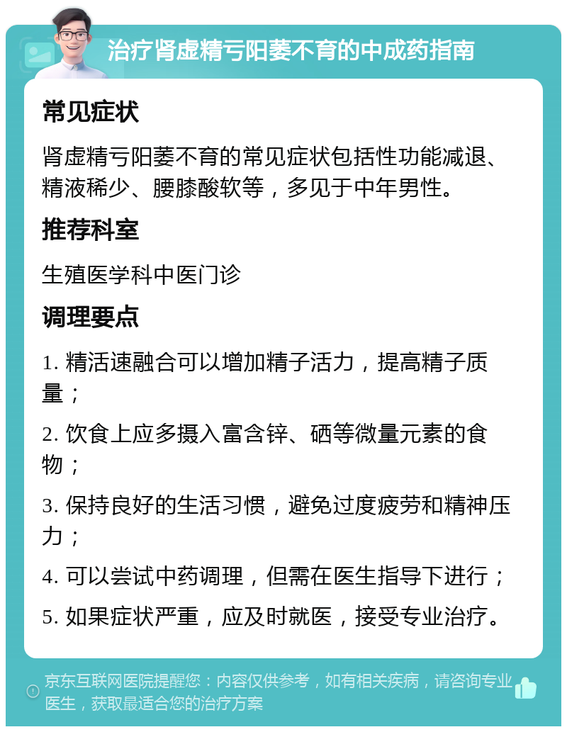 治疗肾虚精亏阳萎不育的中成药指南 常见症状 肾虚精亏阳萎不育的常见症状包括性功能减退、精液稀少、腰膝酸软等，多见于中年男性。 推荐科室 生殖医学科中医门诊 调理要点 1. 精活速融合可以增加精子活力，提高精子质量； 2. 饮食上应多摄入富含锌、硒等微量元素的食物； 3. 保持良好的生活习惯，避免过度疲劳和精神压力； 4. 可以尝试中药调理，但需在医生指导下进行； 5. 如果症状严重，应及时就医，接受专业治疗。