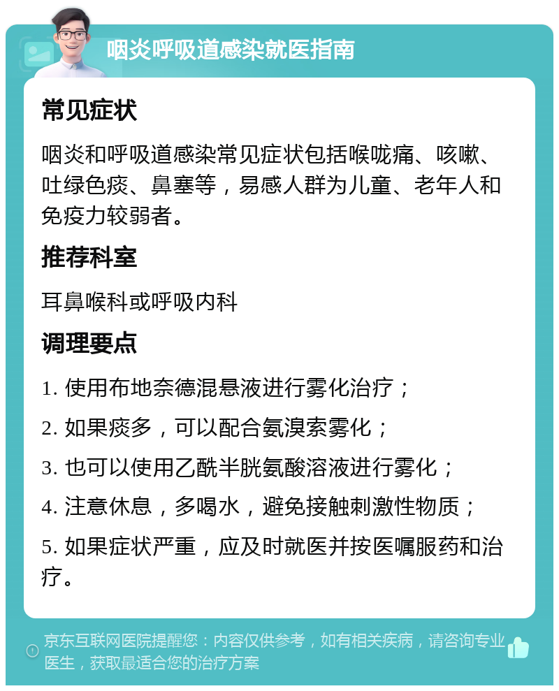 咽炎呼吸道感染就医指南 常见症状 咽炎和呼吸道感染常见症状包括喉咙痛、咳嗽、吐绿色痰、鼻塞等，易感人群为儿童、老年人和免疫力较弱者。 推荐科室 耳鼻喉科或呼吸内科 调理要点 1. 使用布地奈德混悬液进行雾化治疗； 2. 如果痰多，可以配合氨溴索雾化； 3. 也可以使用乙酰半胱氨酸溶液进行雾化； 4. 注意休息，多喝水，避免接触刺激性物质； 5. 如果症状严重，应及时就医并按医嘱服药和治疗。