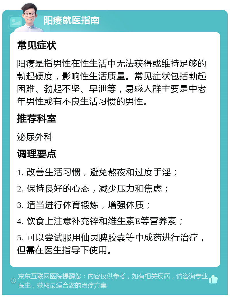 阳痿就医指南 常见症状 阳痿是指男性在性生活中无法获得或维持足够的勃起硬度，影响性生活质量。常见症状包括勃起困难、勃起不坚、早泄等，易感人群主要是中老年男性或有不良生活习惯的男性。 推荐科室 泌尿外科 调理要点 1. 改善生活习惯，避免熬夜和过度手淫； 2. 保持良好的心态，减少压力和焦虑； 3. 适当进行体育锻炼，增强体质； 4. 饮食上注意补充锌和维生素E等营养素； 5. 可以尝试服用仙灵脾胶囊等中成药进行治疗，但需在医生指导下使用。