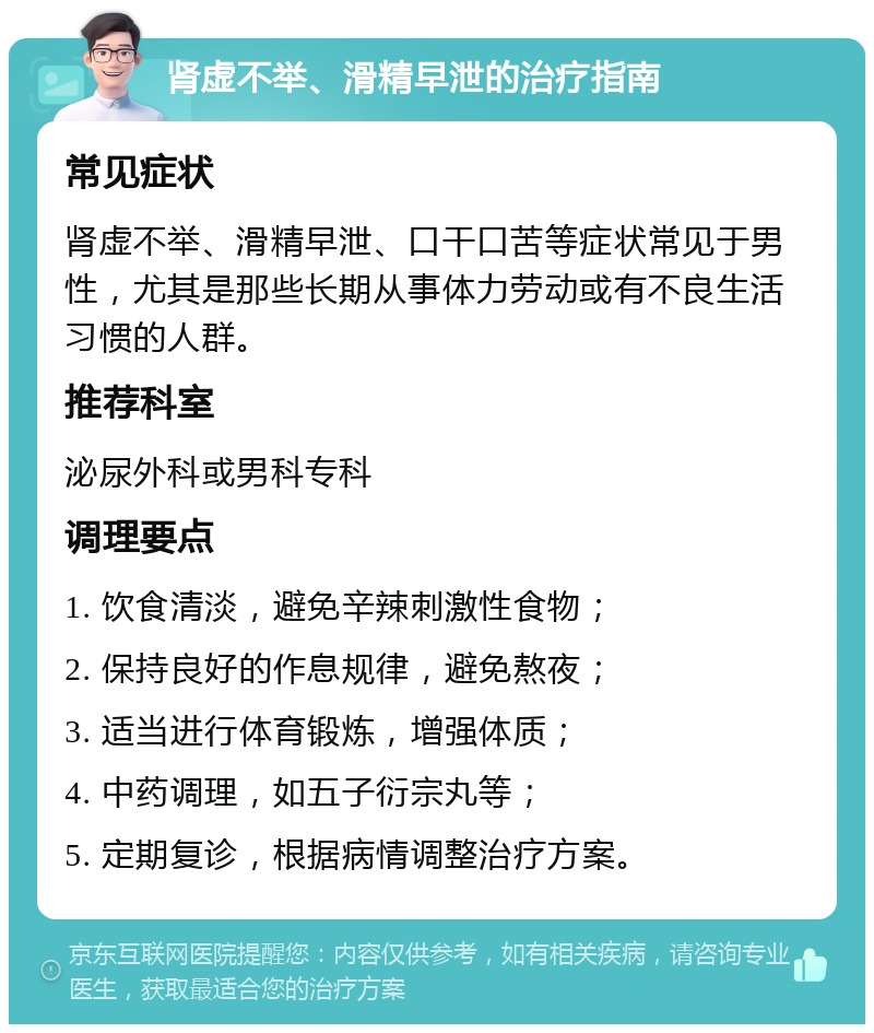 肾虚不举、滑精早泄的治疗指南 常见症状 肾虚不举、滑精早泄、口干口苦等症状常见于男性，尤其是那些长期从事体力劳动或有不良生活习惯的人群。 推荐科室 泌尿外科或男科专科 调理要点 1. 饮食清淡，避免辛辣刺激性食物； 2. 保持良好的作息规律，避免熬夜； 3. 适当进行体育锻炼，增强体质； 4. 中药调理，如五子衍宗丸等； 5. 定期复诊，根据病情调整治疗方案。