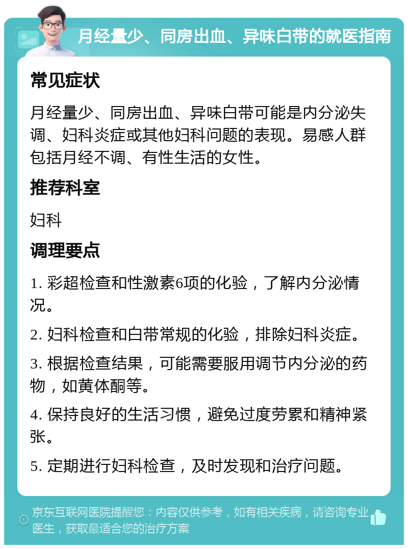 月经量少、同房出血、异味白带的就医指南 常见症状 月经量少、同房出血、异味白带可能是内分泌失调、妇科炎症或其他妇科问题的表现。易感人群包括月经不调、有性生活的女性。 推荐科室 妇科 调理要点 1. 彩超检查和性激素6项的化验，了解内分泌情况。 2. 妇科检查和白带常规的化验，排除妇科炎症。 3. 根据检查结果，可能需要服用调节内分泌的药物，如黄体酮等。 4. 保持良好的生活习惯，避免过度劳累和精神紧张。 5. 定期进行妇科检查，及时发现和治疗问题。