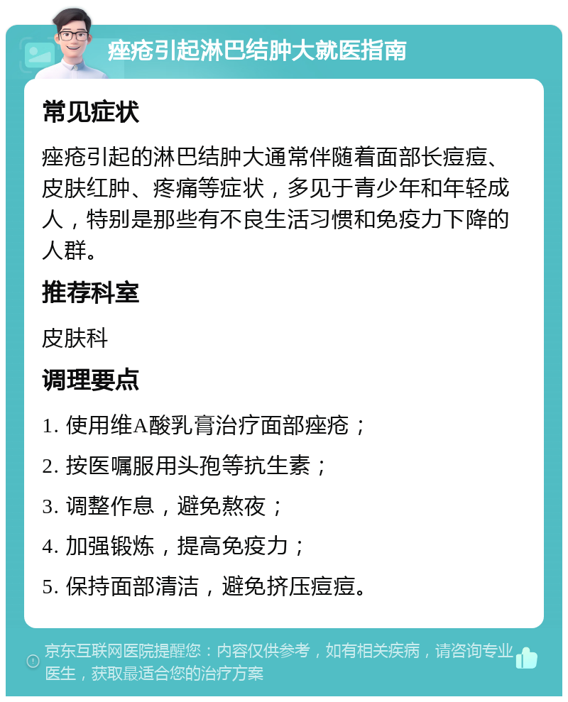 痤疮引起淋巴结肿大就医指南 常见症状 痤疮引起的淋巴结肿大通常伴随着面部长痘痘、皮肤红肿、疼痛等症状，多见于青少年和年轻成人，特别是那些有不良生活习惯和免疫力下降的人群。 推荐科室 皮肤科 调理要点 1. 使用维A酸乳膏治疗面部痤疮； 2. 按医嘱服用头孢等抗生素； 3. 调整作息，避免熬夜； 4. 加强锻炼，提高免疫力； 5. 保持面部清洁，避免挤压痘痘。