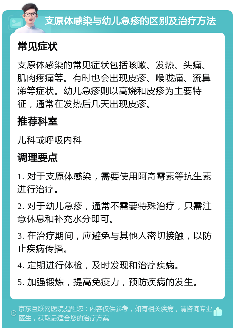 支原体感染与幼儿急疹的区别及治疗方法 常见症状 支原体感染的常见症状包括咳嗽、发热、头痛、肌肉疼痛等。有时也会出现皮疹、喉咙痛、流鼻涕等症状。幼儿急疹则以高烧和皮疹为主要特征，通常在发热后几天出现皮疹。 推荐科室 儿科或呼吸内科 调理要点 1. 对于支原体感染，需要使用阿奇霉素等抗生素进行治疗。 2. 对于幼儿急疹，通常不需要特殊治疗，只需注意休息和补充水分即可。 3. 在治疗期间，应避免与其他人密切接触，以防止疾病传播。 4. 定期进行体检，及时发现和治疗疾病。 5. 加强锻炼，提高免疫力，预防疾病的发生。