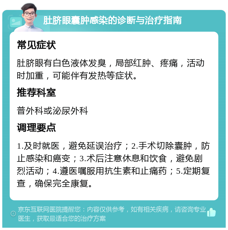 肚脐眼囊肿感染的诊断与治疗指南 常见症状 肚脐眼有白色液体发臭，局部红肿、疼痛，活动时加重，可能伴有发热等症状。 推荐科室 普外科或泌尿外科 调理要点 1.及时就医，避免延误治疗；2.手术切除囊肿，防止感染和癌变；3.术后注意休息和饮食，避免剧烈活动；4.遵医嘱服用抗生素和止痛药；5.定期复查，确保完全康复。