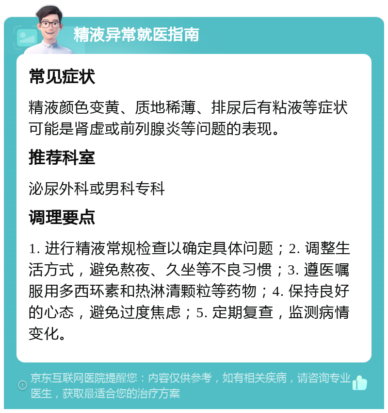 精液异常就医指南 常见症状 精液颜色变黄、质地稀薄、排尿后有粘液等症状可能是肾虚或前列腺炎等问题的表现。 推荐科室 泌尿外科或男科专科 调理要点 1. 进行精液常规检查以确定具体问题；2. 调整生活方式，避免熬夜、久坐等不良习惯；3. 遵医嘱服用多西环素和热淋清颗粒等药物；4. 保持良好的心态，避免过度焦虑；5. 定期复查，监测病情变化。