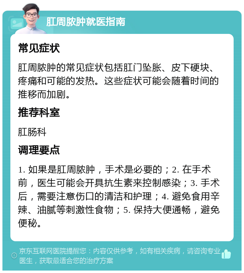 肛周脓肿就医指南 常见症状 肛周脓肿的常见症状包括肛门坠胀、皮下硬块、疼痛和可能的发热。这些症状可能会随着时间的推移而加剧。 推荐科室 肛肠科 调理要点 1. 如果是肛周脓肿，手术是必要的；2. 在手术前，医生可能会开具抗生素来控制感染；3. 手术后，需要注意伤口的清洁和护理；4. 避免食用辛辣、油腻等刺激性食物；5. 保持大便通畅，避免便秘。