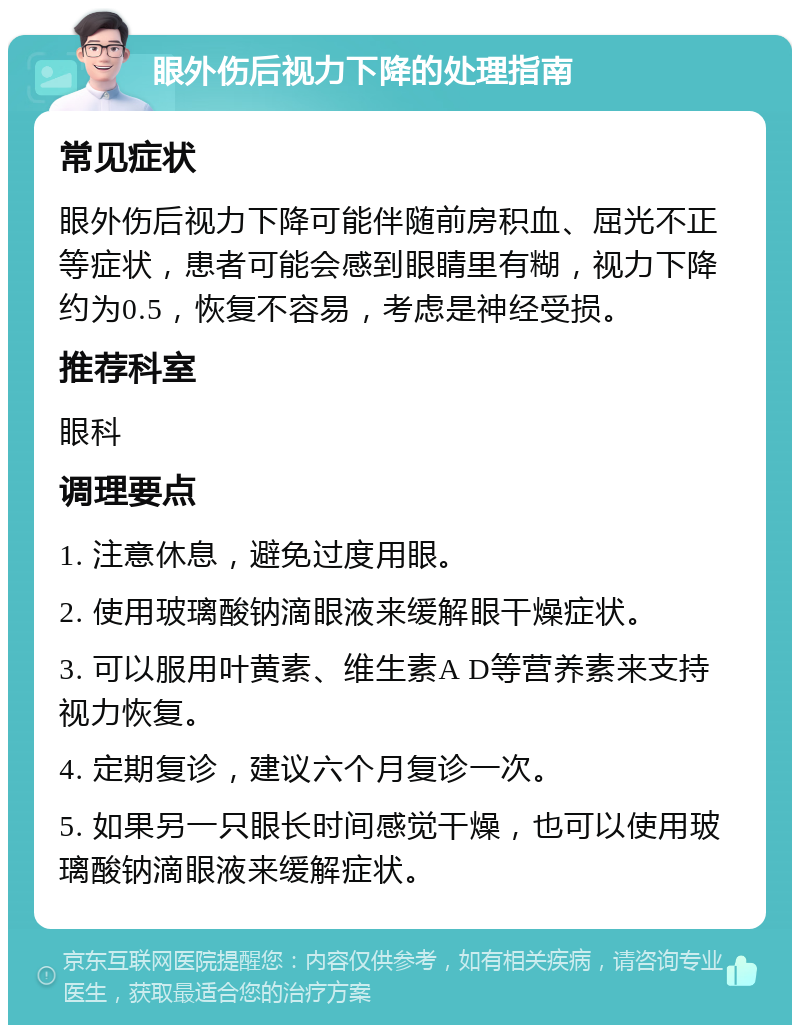 眼外伤后视力下降的处理指南 常见症状 眼外伤后视力下降可能伴随前房积血、屈光不正等症状，患者可能会感到眼睛里有糊，视力下降约为0.5，恢复不容易，考虑是神经受损。 推荐科室 眼科 调理要点 1. 注意休息，避免过度用眼。 2. 使用玻璃酸钠滴眼液来缓解眼干燥症状。 3. 可以服用叶黄素、维生素A D等营养素来支持视力恢复。 4. 定期复诊，建议六个月复诊一次。 5. 如果另一只眼长时间感觉干燥，也可以使用玻璃酸钠滴眼液来缓解症状。