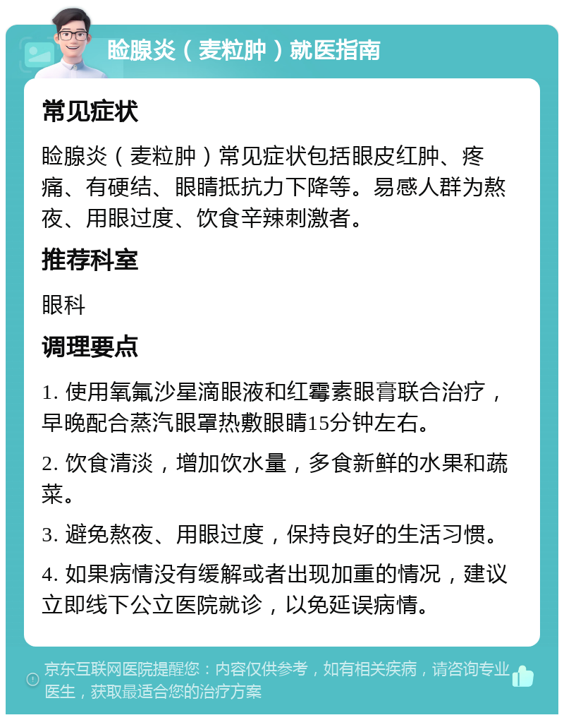 睑腺炎（麦粒肿）就医指南 常见症状 睑腺炎（麦粒肿）常见症状包括眼皮红肿、疼痛、有硬结、眼睛抵抗力下降等。易感人群为熬夜、用眼过度、饮食辛辣刺激者。 推荐科室 眼科 调理要点 1. 使用氧氟沙星滴眼液和红霉素眼膏联合治疗，早晚配合蒸汽眼罩热敷眼睛15分钟左右。 2. 饮食清淡，增加饮水量，多食新鲜的水果和蔬菜。 3. 避免熬夜、用眼过度，保持良好的生活习惯。 4. 如果病情没有缓解或者出现加重的情况，建议立即线下公立医院就诊，以免延误病情。