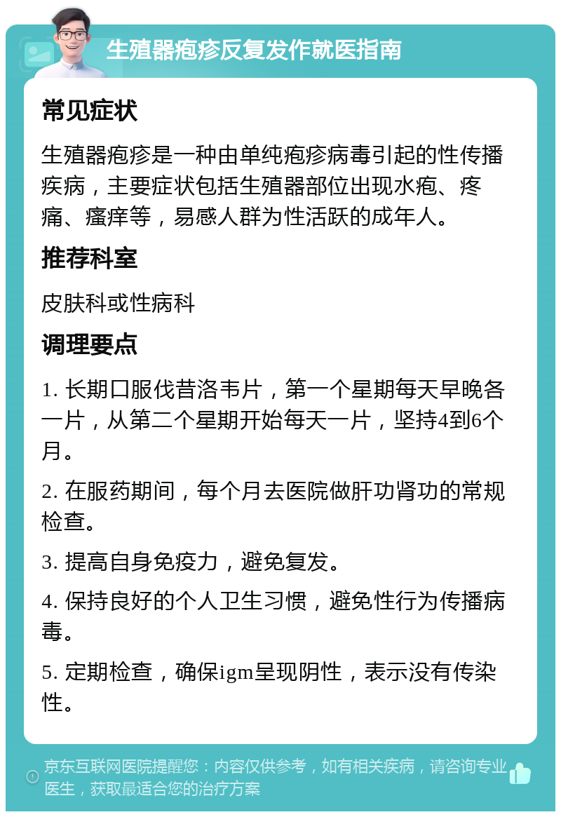 生殖器疱疹反复发作就医指南 常见症状 生殖器疱疹是一种由单纯疱疹病毒引起的性传播疾病，主要症状包括生殖器部位出现水疱、疼痛、瘙痒等，易感人群为性活跃的成年人。 推荐科室 皮肤科或性病科 调理要点 1. 长期口服伐昔洛韦片，第一个星期每天早晚各一片，从第二个星期开始每天一片，坚持4到6个月。 2. 在服药期间，每个月去医院做肝功肾功的常规检查。 3. 提高自身免疫力，避免复发。 4. 保持良好的个人卫生习惯，避免性行为传播病毒。 5. 定期检查，确保igm呈现阴性，表示没有传染性。