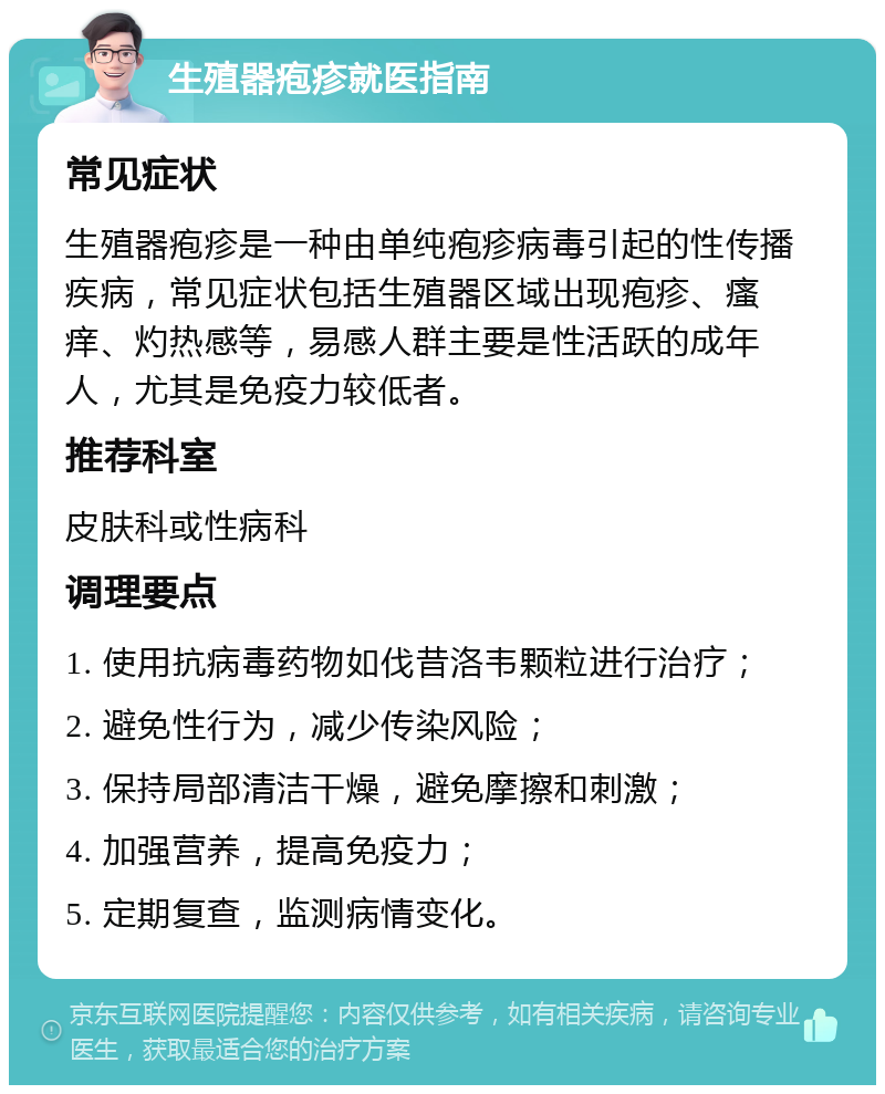 生殖器疱疹就医指南 常见症状 生殖器疱疹是一种由单纯疱疹病毒引起的性传播疾病，常见症状包括生殖器区域出现疱疹、瘙痒、灼热感等，易感人群主要是性活跃的成年人，尤其是免疫力较低者。 推荐科室 皮肤科或性病科 调理要点 1. 使用抗病毒药物如伐昔洛韦颗粒进行治疗； 2. 避免性行为，减少传染风险； 3. 保持局部清洁干燥，避免摩擦和刺激； 4. 加强营养，提高免疫力； 5. 定期复查，监测病情变化。