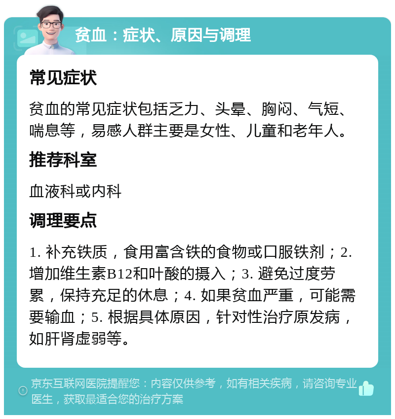 贫血：症状、原因与调理 常见症状 贫血的常见症状包括乏力、头晕、胸闷、气短、喘息等，易感人群主要是女性、儿童和老年人。 推荐科室 血液科或内科 调理要点 1. 补充铁质，食用富含铁的食物或口服铁剂；2. 增加维生素B12和叶酸的摄入；3. 避免过度劳累，保持充足的休息；4. 如果贫血严重，可能需要输血；5. 根据具体原因，针对性治疗原发病，如肝肾虚弱等。