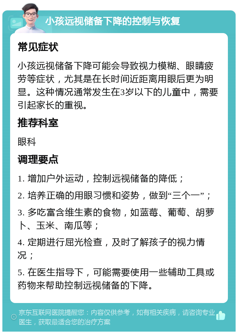 小孩远视储备下降的控制与恢复 常见症状 小孩远视储备下降可能会导致视力模糊、眼睛疲劳等症状，尤其是在长时间近距离用眼后更为明显。这种情况通常发生在3岁以下的儿童中，需要引起家长的重视。 推荐科室 眼科 调理要点 1. 增加户外运动，控制远视储备的降低； 2. 培养正确的用眼习惯和姿势，做到“三个一”； 3. 多吃富含维生素的食物，如蓝莓、葡萄、胡萝卜、玉米、南瓜等； 4. 定期进行屈光检查，及时了解孩子的视力情况； 5. 在医生指导下，可能需要使用一些辅助工具或药物来帮助控制远视储备的下降。