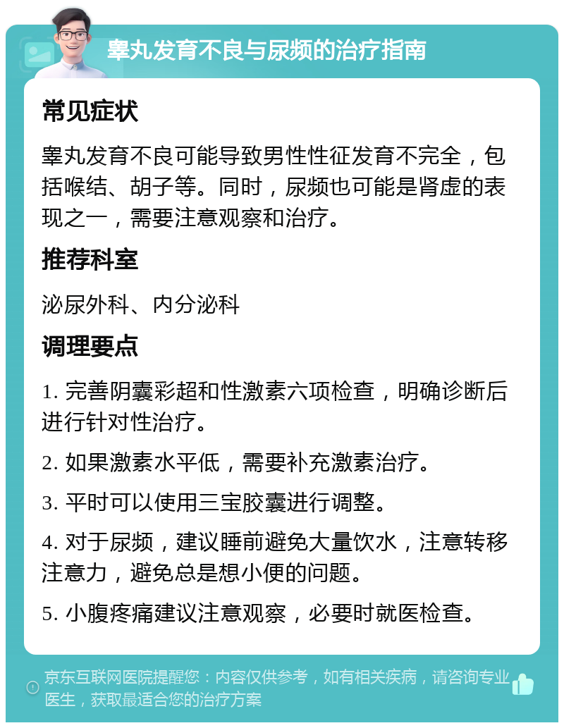 睾丸发育不良与尿频的治疗指南 常见症状 睾丸发育不良可能导致男性性征发育不完全，包括喉结、胡子等。同时，尿频也可能是肾虚的表现之一，需要注意观察和治疗。 推荐科室 泌尿外科、内分泌科 调理要点 1. 完善阴囊彩超和性激素六项检查，明确诊断后进行针对性治疗。 2. 如果激素水平低，需要补充激素治疗。 3. 平时可以使用三宝胶囊进行调整。 4. 对于尿频，建议睡前避免大量饮水，注意转移注意力，避免总是想小便的问题。 5. 小腹疼痛建议注意观察，必要时就医检查。