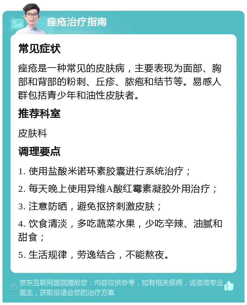 痤疮治疗指南 常见症状 痤疮是一种常见的皮肤病，主要表现为面部、胸部和背部的粉刺、丘疹、脓疱和结节等。易感人群包括青少年和油性皮肤者。 推荐科室 皮肤科 调理要点 1. 使用盐酸米诺环素胶囊进行系统治疗； 2. 每天晚上使用异维A酸红霉素凝胶外用治疗； 3. 注意防晒，避免抠挤刺激皮肤； 4. 饮食清淡，多吃蔬菜水果，少吃辛辣、油腻和甜食； 5. 生活规律，劳逸结合，不能熬夜。