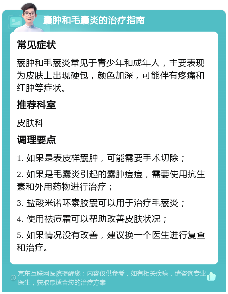 囊肿和毛囊炎的治疗指南 常见症状 囊肿和毛囊炎常见于青少年和成年人，主要表现为皮肤上出现硬包，颜色加深，可能伴有疼痛和红肿等症状。 推荐科室 皮肤科 调理要点 1. 如果是表皮样囊肿，可能需要手术切除； 2. 如果是毛囊炎引起的囊肿痘痘，需要使用抗生素和外用药物进行治疗； 3. 盐酸米诺环素胶囊可以用于治疗毛囊炎； 4. 使用祛痘霜可以帮助改善皮肤状况； 5. 如果情况没有改善，建议换一个医生进行复查和治疗。