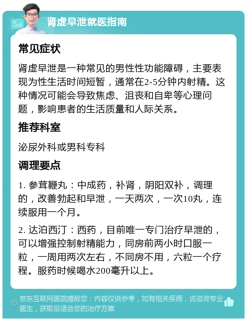 肾虚早泄就医指南 常见症状 肾虚早泄是一种常见的男性性功能障碍，主要表现为性生活时间短暂，通常在2-5分钟内射精。这种情况可能会导致焦虑、沮丧和自卑等心理问题，影响患者的生活质量和人际关系。 推荐科室 泌尿外科或男科专科 调理要点 1. 参茸鞭丸：中成药，补肾，阴阳双补，调理的，改善勃起和早泄，一天两次，一次10丸，连续服用一个月。 2. 达泊西汀：西药，目前唯一专门治疗早泄的，可以增强控制射精能力，同房前两小时口服一粒，一周用两次左右，不同房不用，六粒一个疗程。服药时候喝水200毫升以上。