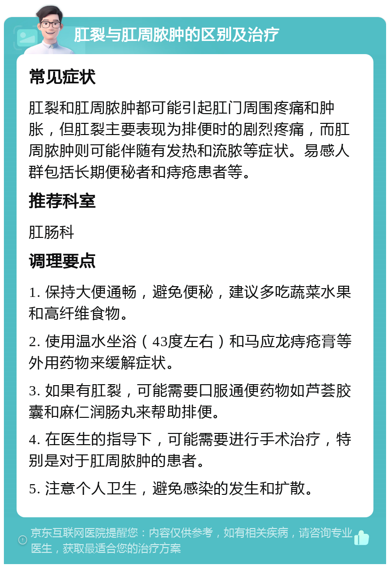 肛裂与肛周脓肿的区别及治疗 常见症状 肛裂和肛周脓肿都可能引起肛门周围疼痛和肿胀，但肛裂主要表现为排便时的剧烈疼痛，而肛周脓肿则可能伴随有发热和流脓等症状。易感人群包括长期便秘者和痔疮患者等。 推荐科室 肛肠科 调理要点 1. 保持大便通畅，避免便秘，建议多吃蔬菜水果和高纤维食物。 2. 使用温水坐浴（43度左右）和马应龙痔疮膏等外用药物来缓解症状。 3. 如果有肛裂，可能需要口服通便药物如芦荟胶囊和麻仁润肠丸来帮助排便。 4. 在医生的指导下，可能需要进行手术治疗，特别是对于肛周脓肿的患者。 5. 注意个人卫生，避免感染的发生和扩散。