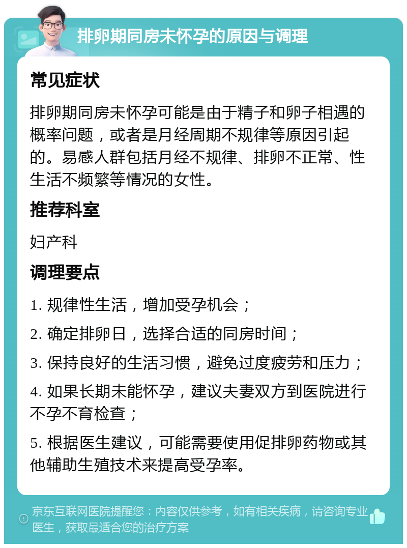 排卵期同房未怀孕的原因与调理 常见症状 排卵期同房未怀孕可能是由于精子和卵子相遇的概率问题，或者是月经周期不规律等原因引起的。易感人群包括月经不规律、排卵不正常、性生活不频繁等情况的女性。 推荐科室 妇产科 调理要点 1. 规律性生活，增加受孕机会； 2. 确定排卵日，选择合适的同房时间； 3. 保持良好的生活习惯，避免过度疲劳和压力； 4. 如果长期未能怀孕，建议夫妻双方到医院进行不孕不育检查； 5. 根据医生建议，可能需要使用促排卵药物或其他辅助生殖技术来提高受孕率。