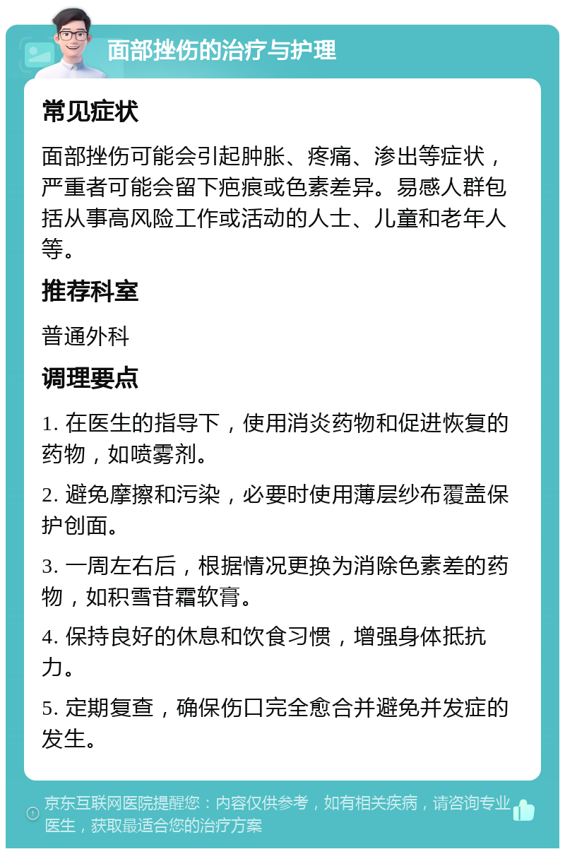 面部挫伤的治疗与护理 常见症状 面部挫伤可能会引起肿胀、疼痛、渗出等症状，严重者可能会留下疤痕或色素差异。易感人群包括从事高风险工作或活动的人士、儿童和老年人等。 推荐科室 普通外科 调理要点 1. 在医生的指导下，使用消炎药物和促进恢复的药物，如喷雾剂。 2. 避免摩擦和污染，必要时使用薄层纱布覆盖保护创面。 3. 一周左右后，根据情况更换为消除色素差的药物，如积雪苷霜软膏。 4. 保持良好的休息和饮食习惯，增强身体抵抗力。 5. 定期复查，确保伤口完全愈合并避免并发症的发生。