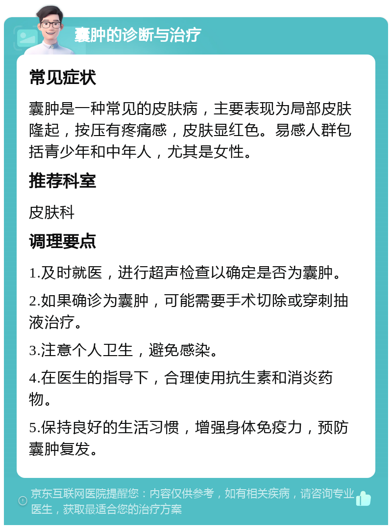 囊肿的诊断与治疗 常见症状 囊肿是一种常见的皮肤病，主要表现为局部皮肤隆起，按压有疼痛感，皮肤显红色。易感人群包括青少年和中年人，尤其是女性。 推荐科室 皮肤科 调理要点 1.及时就医，进行超声检查以确定是否为囊肿。 2.如果确诊为囊肿，可能需要手术切除或穿刺抽液治疗。 3.注意个人卫生，避免感染。 4.在医生的指导下，合理使用抗生素和消炎药物。 5.保持良好的生活习惯，增强身体免疫力，预防囊肿复发。