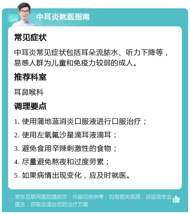 中耳炎就医指南 常见症状 中耳炎常见症状包括耳朵流脓水、听力下降等，易感人群为儿童和免疫力较弱的成人。 推荐科室 耳鼻喉科 调理要点 1. 使用蒲地蓝消炎口服液进行口服治疗； 2. 使用左氧氟沙星滴耳液滴耳； 3. 避免食用辛辣刺激性的食物； 4. 尽量避免熬夜和过度劳累； 5. 如果病情出现变化，应及时就医。