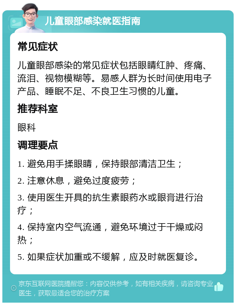 儿童眼部感染就医指南 常见症状 儿童眼部感染的常见症状包括眼睛红肿、疼痛、流泪、视物模糊等。易感人群为长时间使用电子产品、睡眠不足、不良卫生习惯的儿童。 推荐科室 眼科 调理要点 1. 避免用手揉眼睛，保持眼部清洁卫生； 2. 注意休息，避免过度疲劳； 3. 使用医生开具的抗生素眼药水或眼膏进行治疗； 4. 保持室内空气流通，避免环境过于干燥或闷热； 5. 如果症状加重或不缓解，应及时就医复诊。