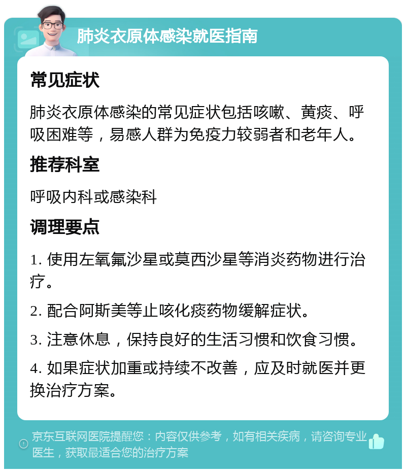 肺炎衣原体感染就医指南 常见症状 肺炎衣原体感染的常见症状包括咳嗽、黄痰、呼吸困难等，易感人群为免疫力较弱者和老年人。 推荐科室 呼吸内科或感染科 调理要点 1. 使用左氧氟沙星或莫西沙星等消炎药物进行治疗。 2. 配合阿斯美等止咳化痰药物缓解症状。 3. 注意休息，保持良好的生活习惯和饮食习惯。 4. 如果症状加重或持续不改善，应及时就医并更换治疗方案。