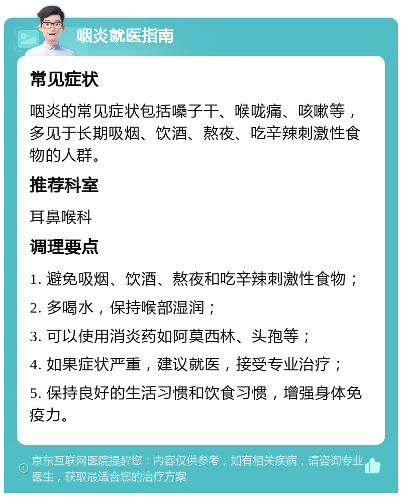 咽炎就医指南 常见症状 咽炎的常见症状包括嗓子干、喉咙痛、咳嗽等，多见于长期吸烟、饮酒、熬夜、吃辛辣刺激性食物的人群。 推荐科室 耳鼻喉科 调理要点 1. 避免吸烟、饮酒、熬夜和吃辛辣刺激性食物； 2. 多喝水，保持喉部湿润； 3. 可以使用消炎药如阿莫西林、头孢等； 4. 如果症状严重，建议就医，接受专业治疗； 5. 保持良好的生活习惯和饮食习惯，增强身体免疫力。