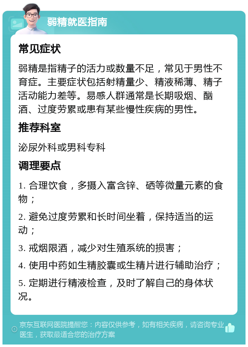 弱精就医指南 常见症状 弱精是指精子的活力或数量不足，常见于男性不育症。主要症状包括射精量少、精液稀薄、精子活动能力差等。易感人群通常是长期吸烟、酗酒、过度劳累或患有某些慢性疾病的男性。 推荐科室 泌尿外科或男科专科 调理要点 1. 合理饮食，多摄入富含锌、硒等微量元素的食物； 2. 避免过度劳累和长时间坐着，保持适当的运动； 3. 戒烟限酒，减少对生殖系统的损害； 4. 使用中药如生精胶囊或生精片进行辅助治疗； 5. 定期进行精液检查，及时了解自己的身体状况。