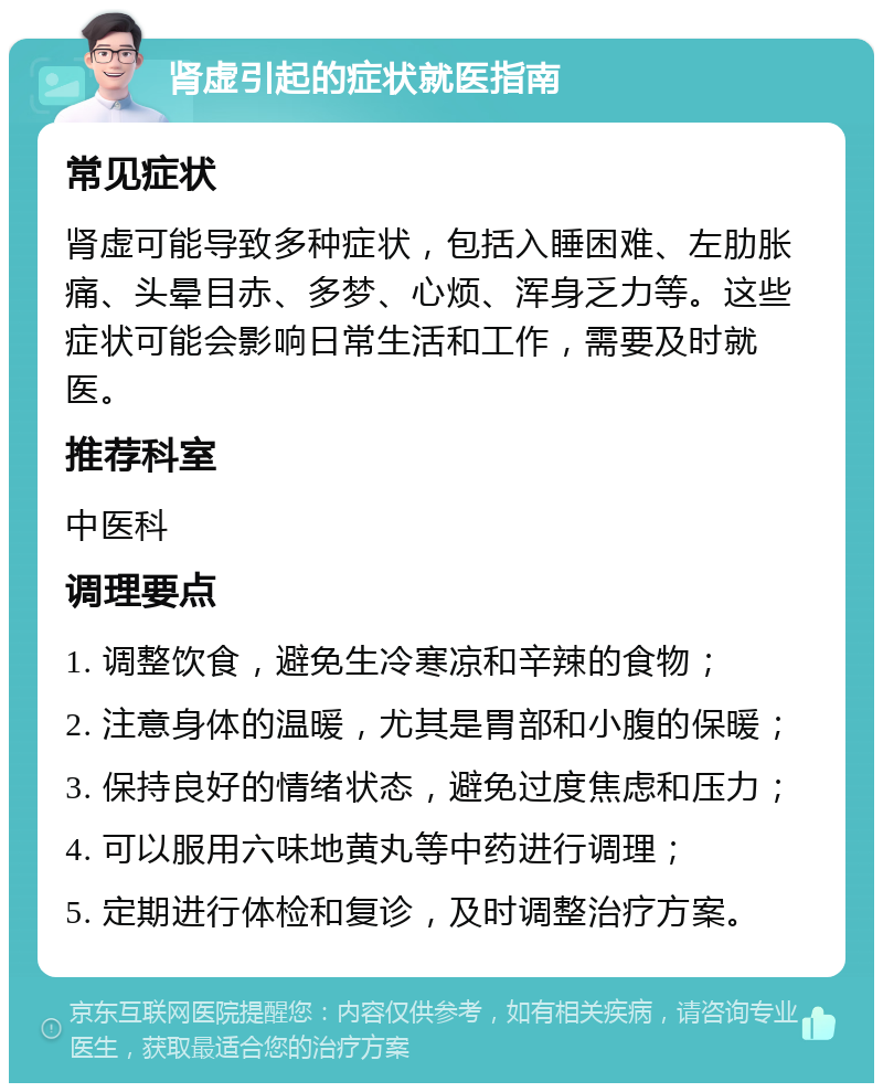 肾虚引起的症状就医指南 常见症状 肾虚可能导致多种症状，包括入睡困难、左肋胀痛、头晕目赤、多梦、心烦、浑身乏力等。这些症状可能会影响日常生活和工作，需要及时就医。 推荐科室 中医科 调理要点 1. 调整饮食，避免生冷寒凉和辛辣的食物； 2. 注意身体的温暖，尤其是胃部和小腹的保暖； 3. 保持良好的情绪状态，避免过度焦虑和压力； 4. 可以服用六味地黄丸等中药进行调理； 5. 定期进行体检和复诊，及时调整治疗方案。