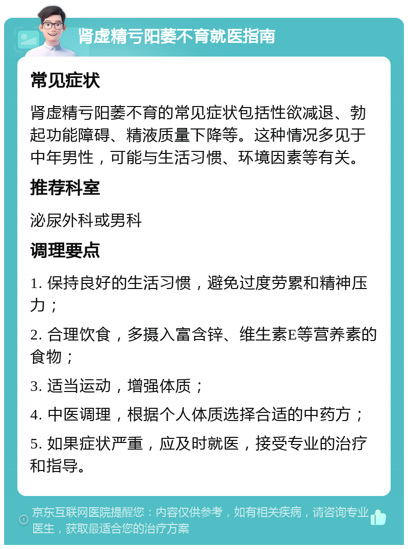 肾虚精亏阳萎不育就医指南 常见症状 肾虚精亏阳萎不育的常见症状包括性欲减退、勃起功能障碍、精液质量下降等。这种情况多见于中年男性，可能与生活习惯、环境因素等有关。 推荐科室 泌尿外科或男科 调理要点 1. 保持良好的生活习惯，避免过度劳累和精神压力； 2. 合理饮食，多摄入富含锌、维生素E等营养素的食物； 3. 适当运动，增强体质； 4. 中医调理，根据个人体质选择合适的中药方； 5. 如果症状严重，应及时就医，接受专业的治疗和指导。